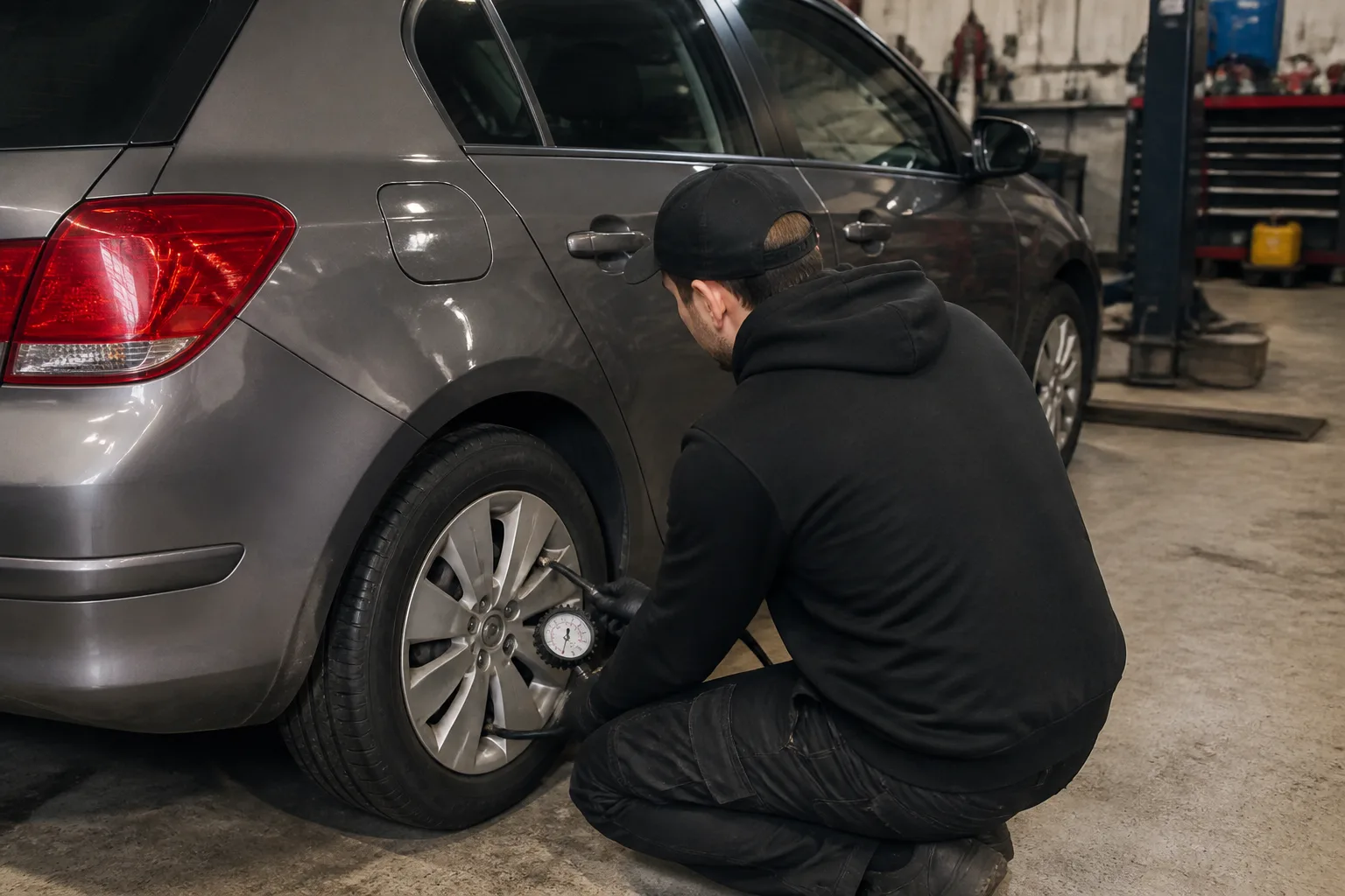 Mechanic checking the tyre pressure of a family car in an independent UK garage