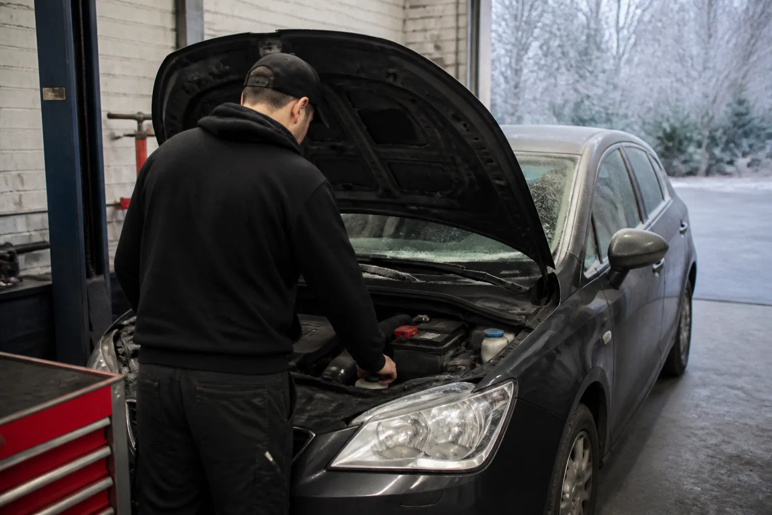 Mechanic in a black hoodie and cap checking a car before a frosty morning at an independent UK garage