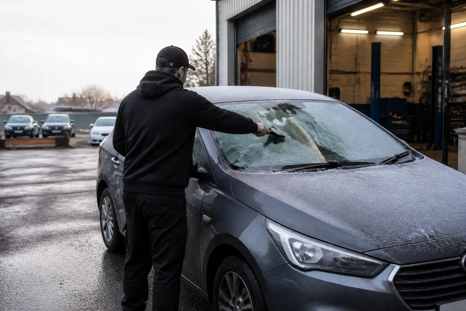 Mechanic safely clearing frost from a car windscreen at an independent UK garage