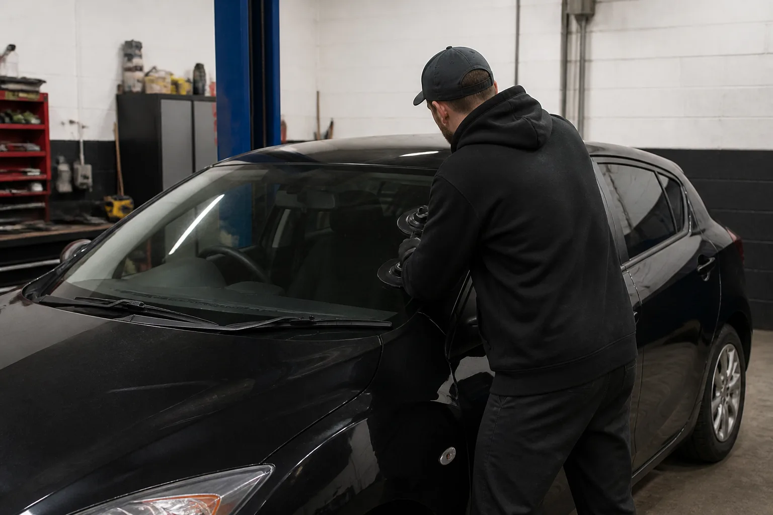 Mechanic checking a misted car windscreen and ventilation system in an independent UK garage