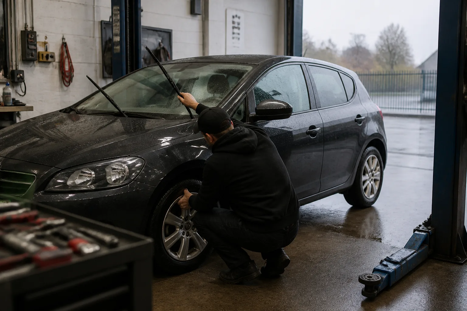 Mechanic checking a car's windscreen wipers and front tyre in an independent UK garage before heavy rain
