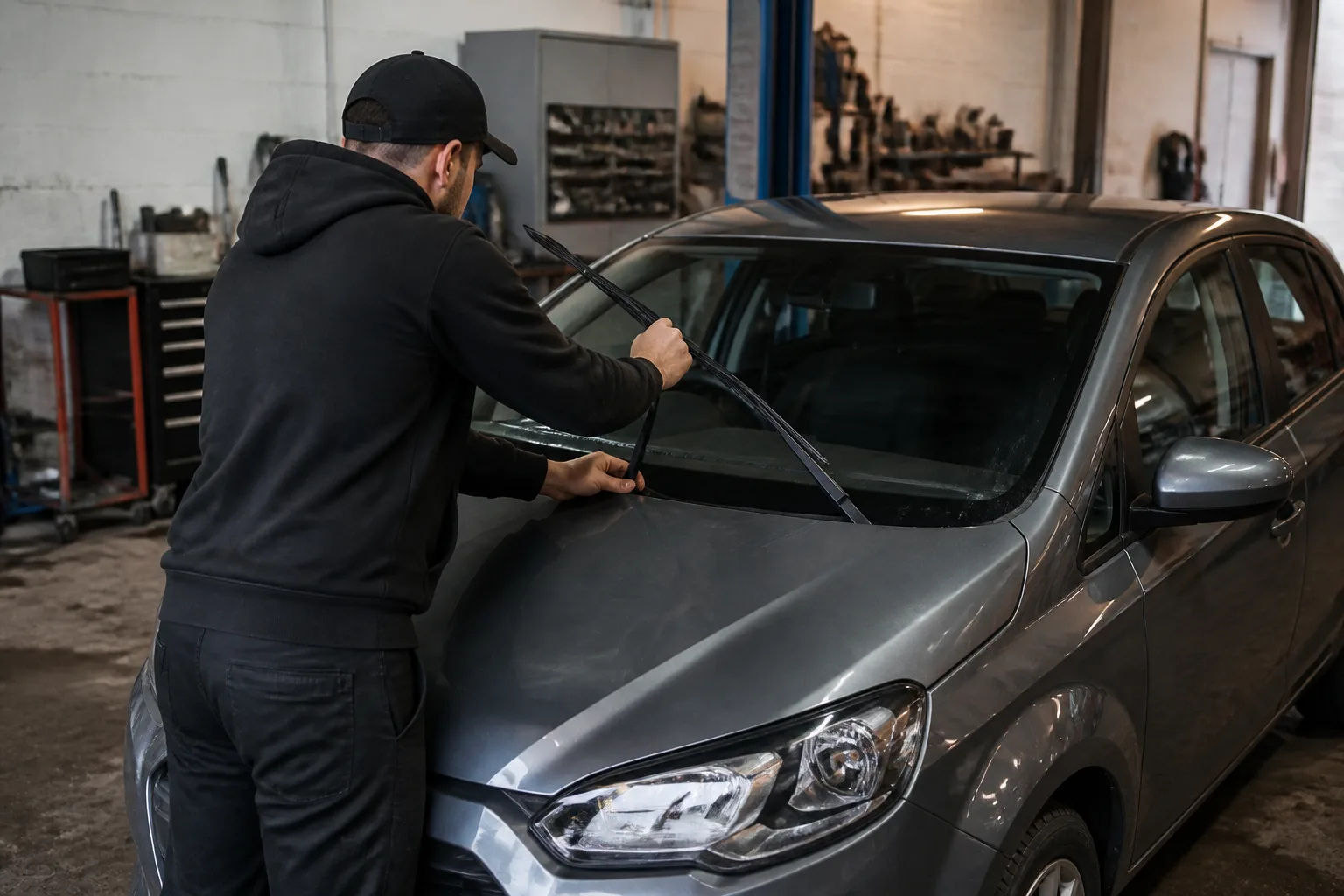 Mechanic checking a windscreen wiper blade on a hatchback in an independent UK garage