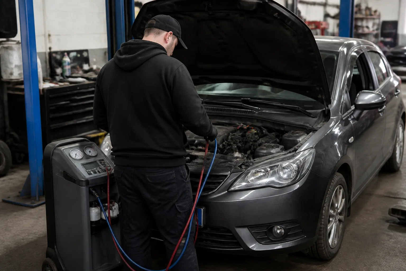 Mechanic checking the air conditioning system of a family car in an independent UK garage