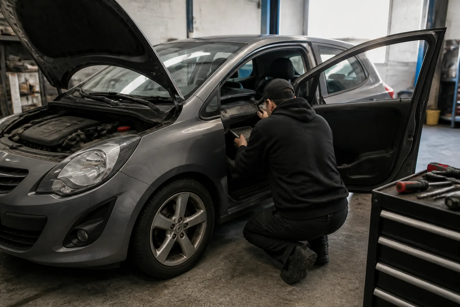Mechanic inspecting a car's air conditioning and cabin filter system in an independent UK garage