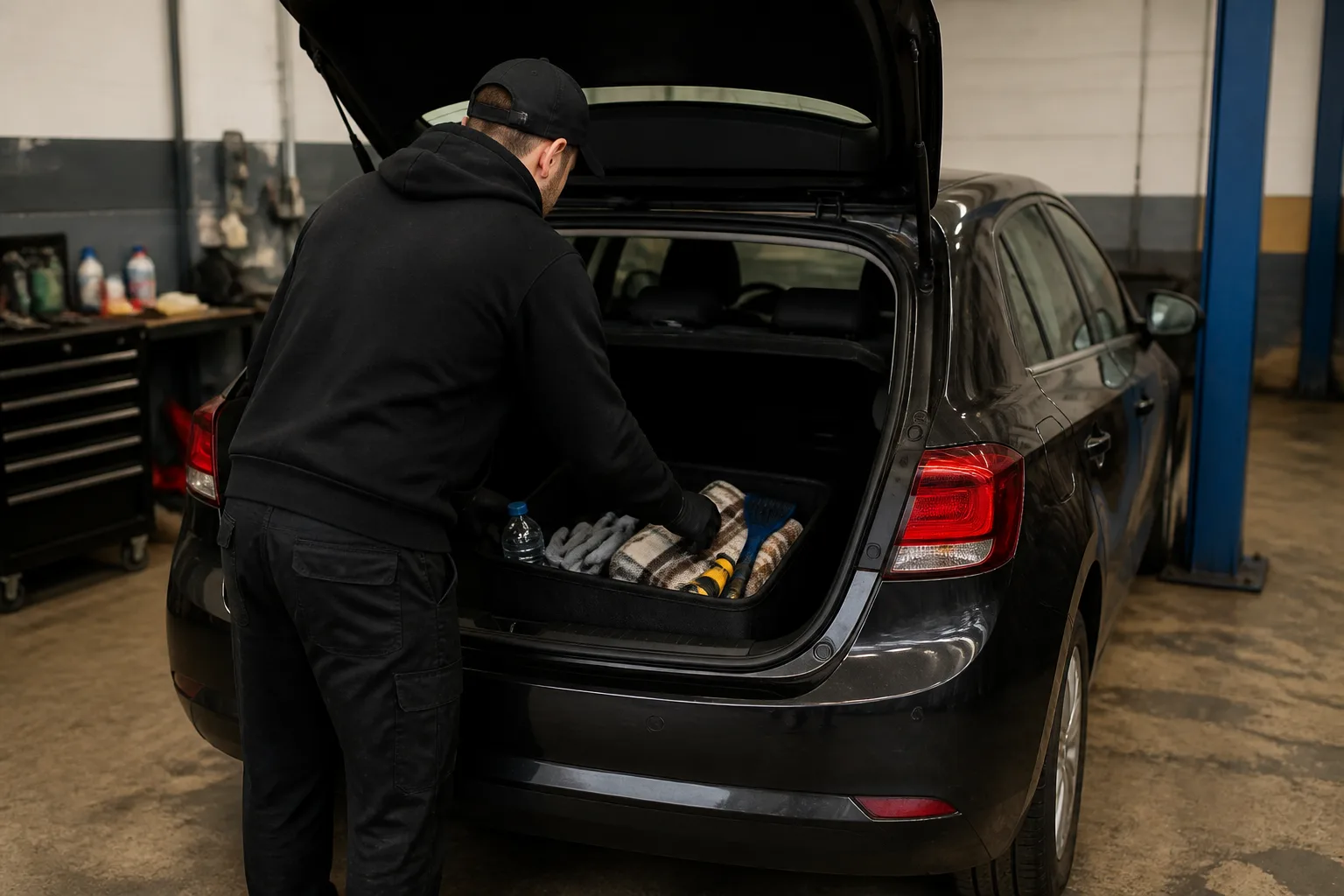 Mechanic placing a winter emergency kit in the boot of a car at an independent UK garage