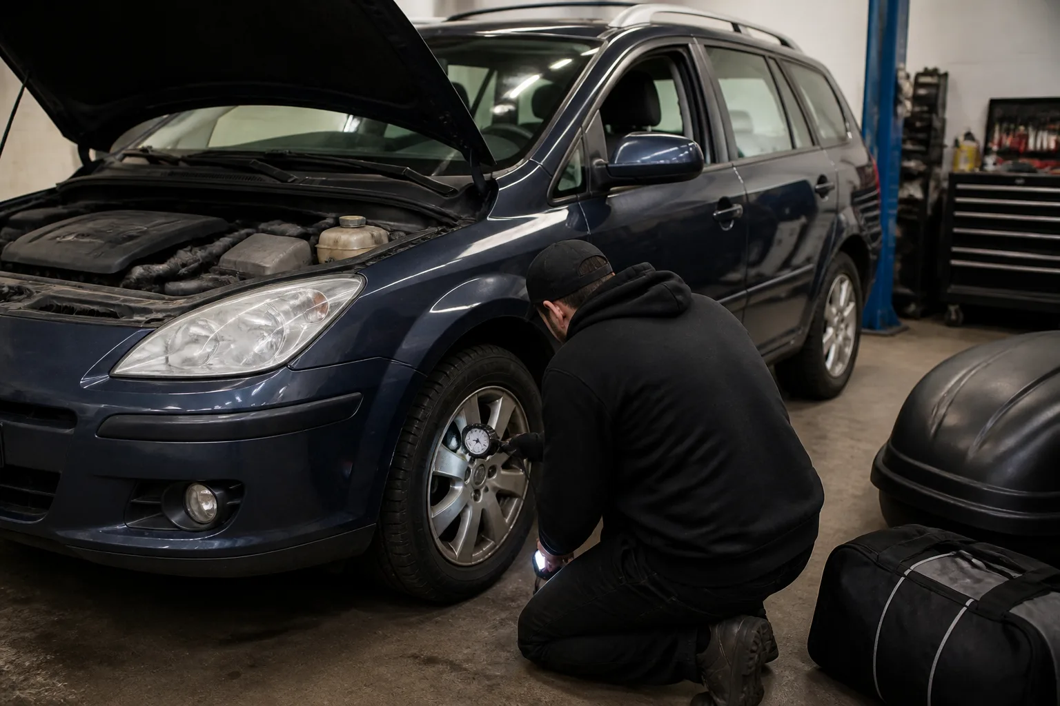 Mechanic checking a family car before a summer road trip in an independent UK garage