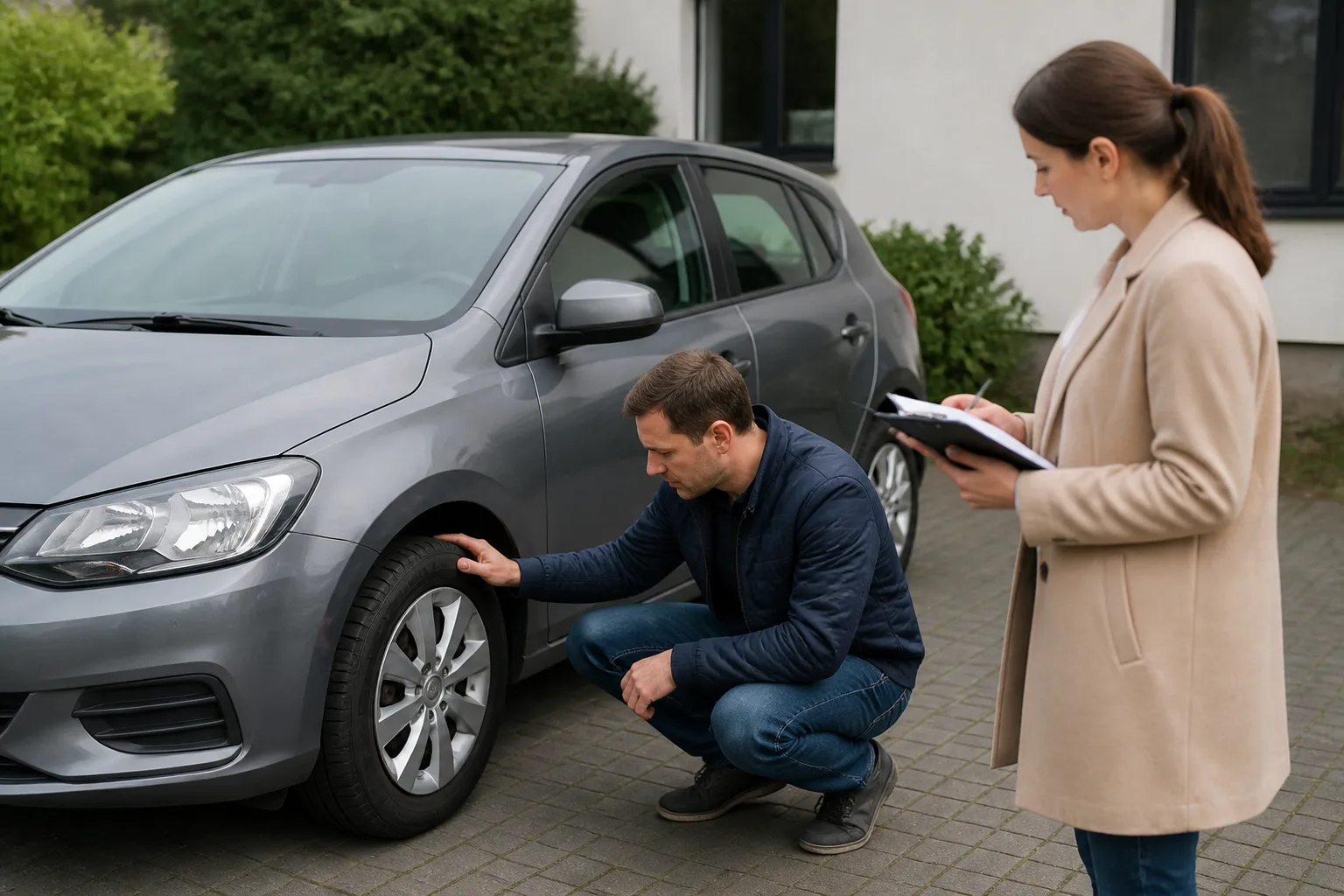 Motorist checking a used car before purchase