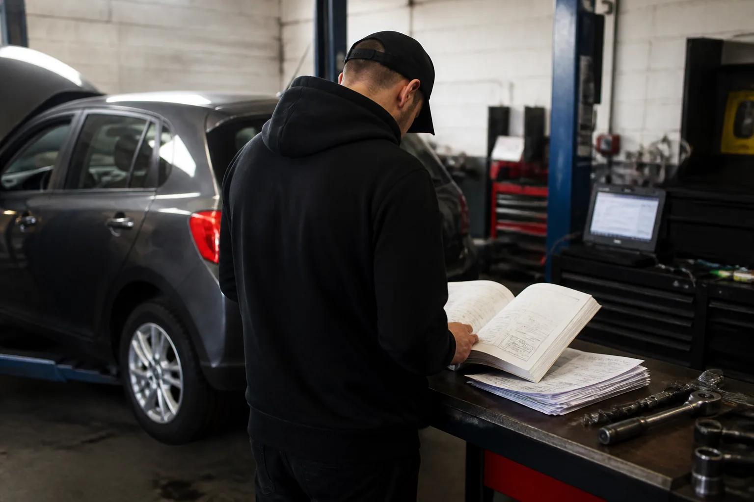 Mechanic reviewing a used car service book and maintenance invoices in an independent UK garage