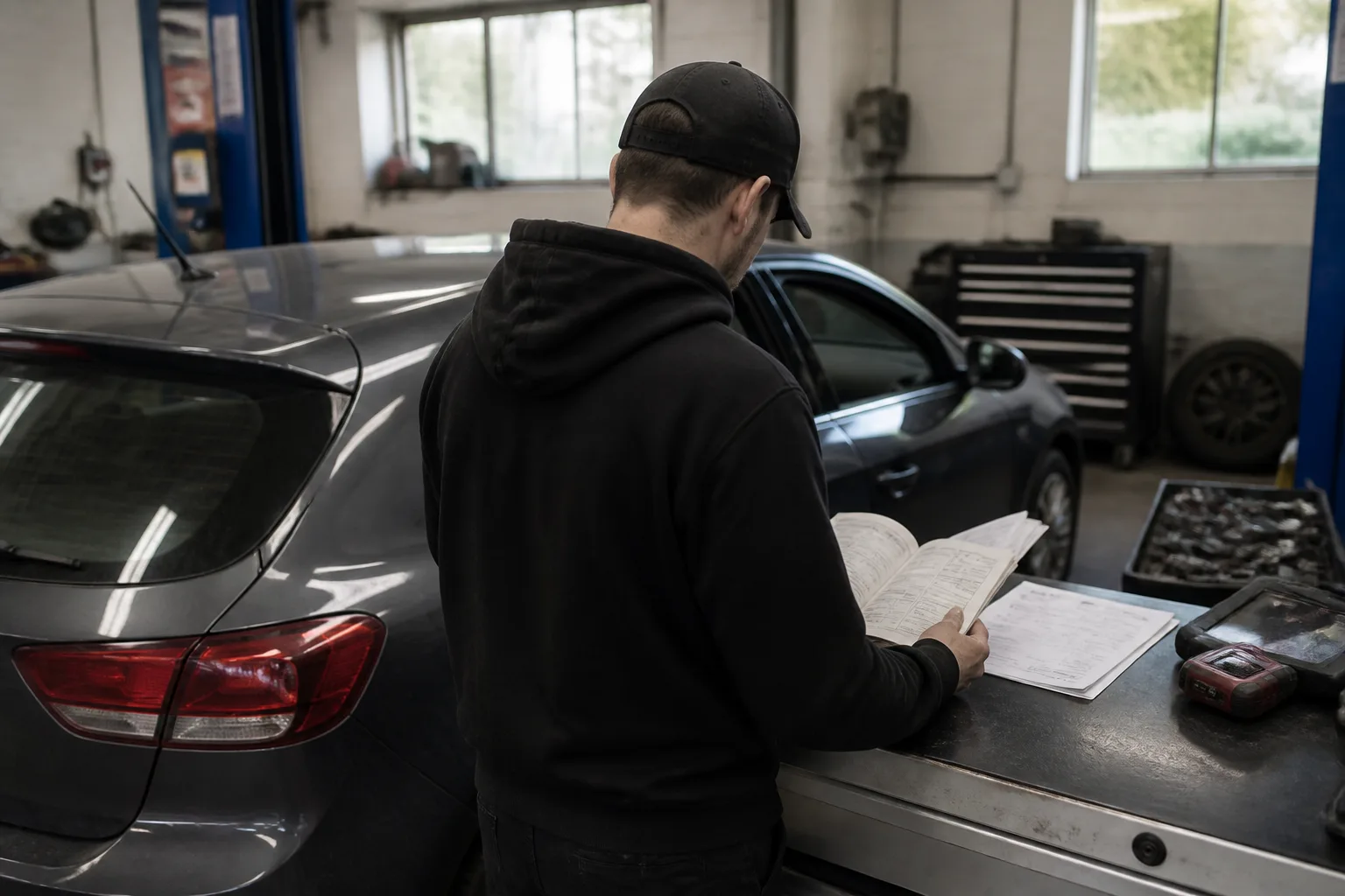 Mechanic reviewing a vehicle service book and maintenance records in an independent UK garage