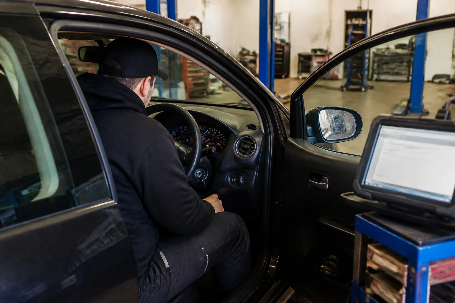 Mechanic checking dashboard warning lights in a used car at an independent UK garage
