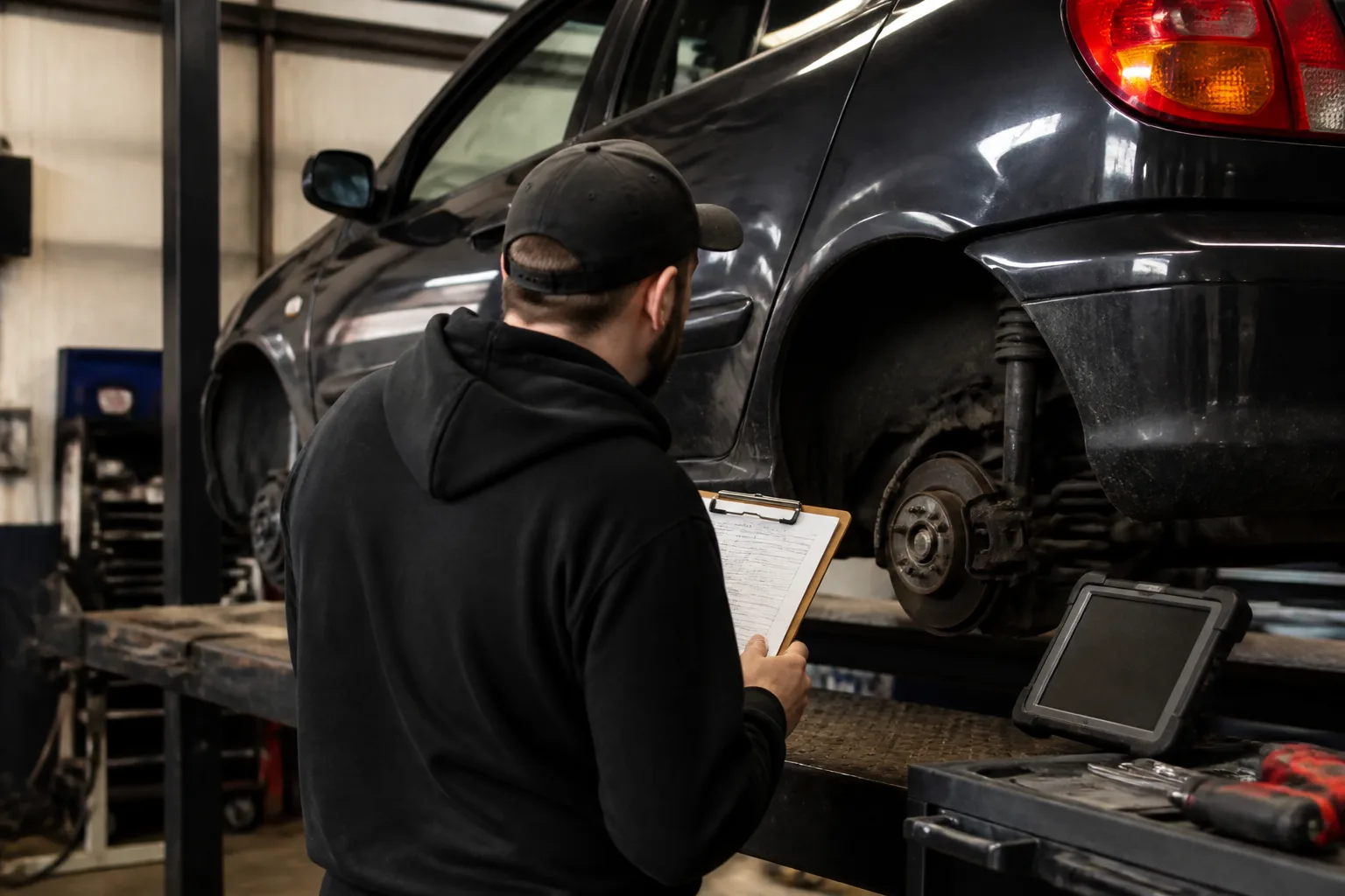 Mechanic inspecting an older car during a routine service in an independent UK garage