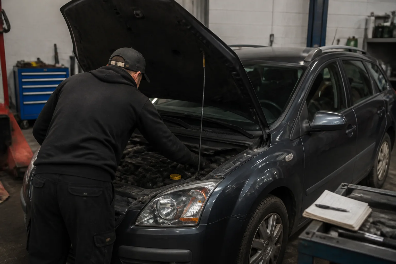 Mechanic inspecting a used high-mileage car in an independent UK garage