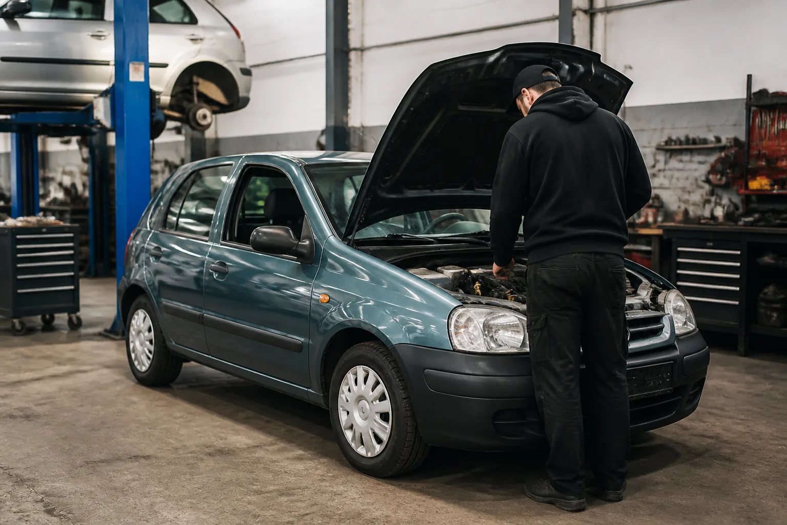 Mechanic inspecting an older hatchback in an independent UK garage