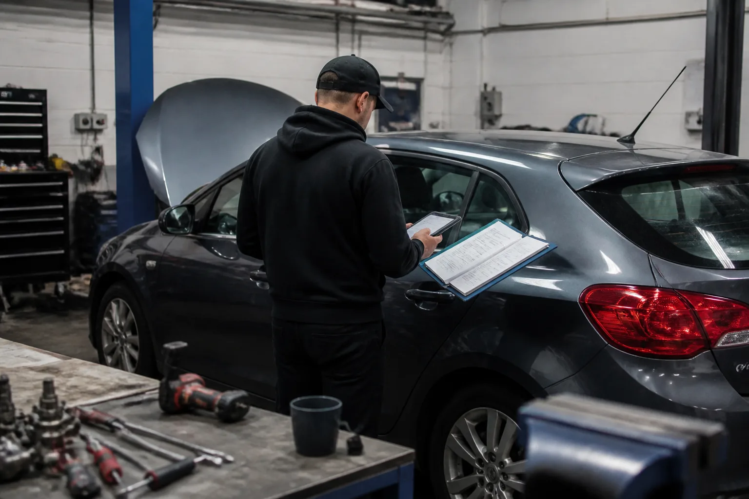 Mechanic reviewing vehicle service records beside a family car in an independent UK garage