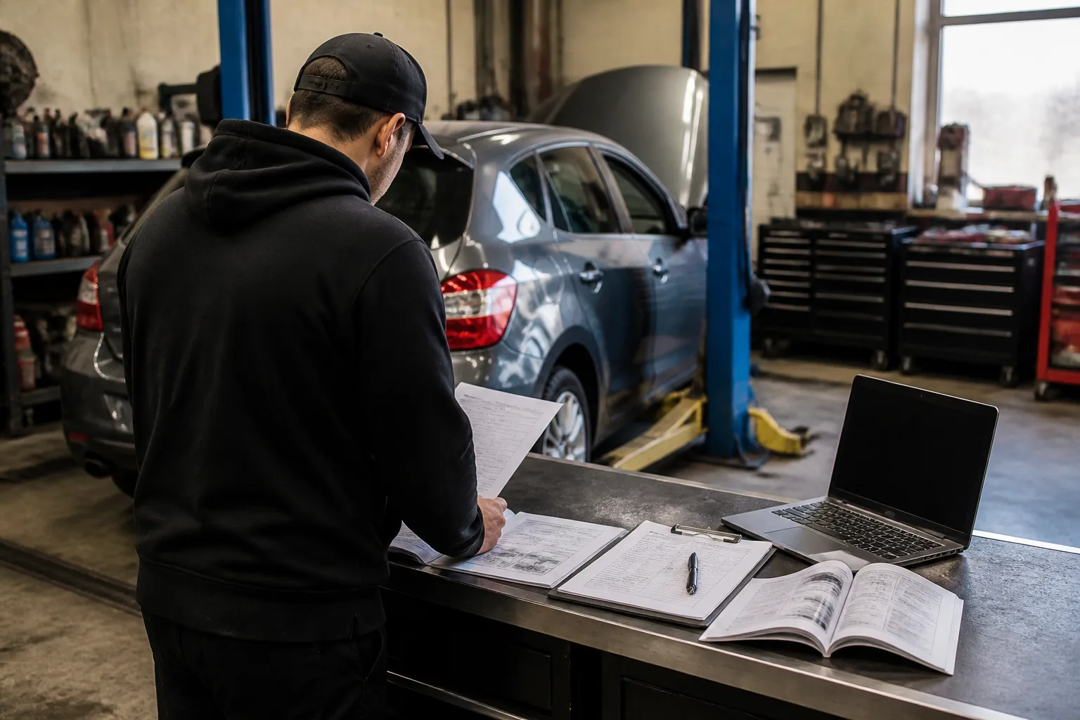 Mechanic organising car service records and inspection documents in an independent UK garage