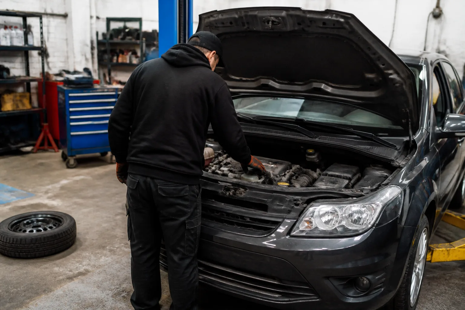 Mechanic carrying out a routine monthly check under the bonnet of a car in an independent UK garage