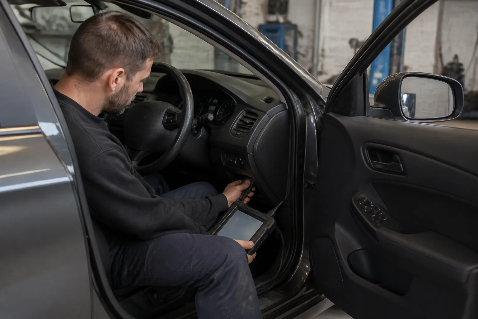Technician connecting a diagnostic scan tool to a car in a garage