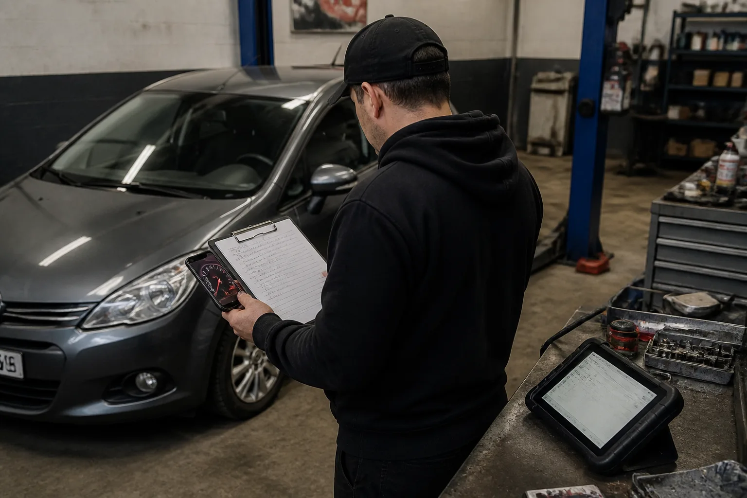 Mechanic reviewing a driver's notes about a car fault in an independent UK garage