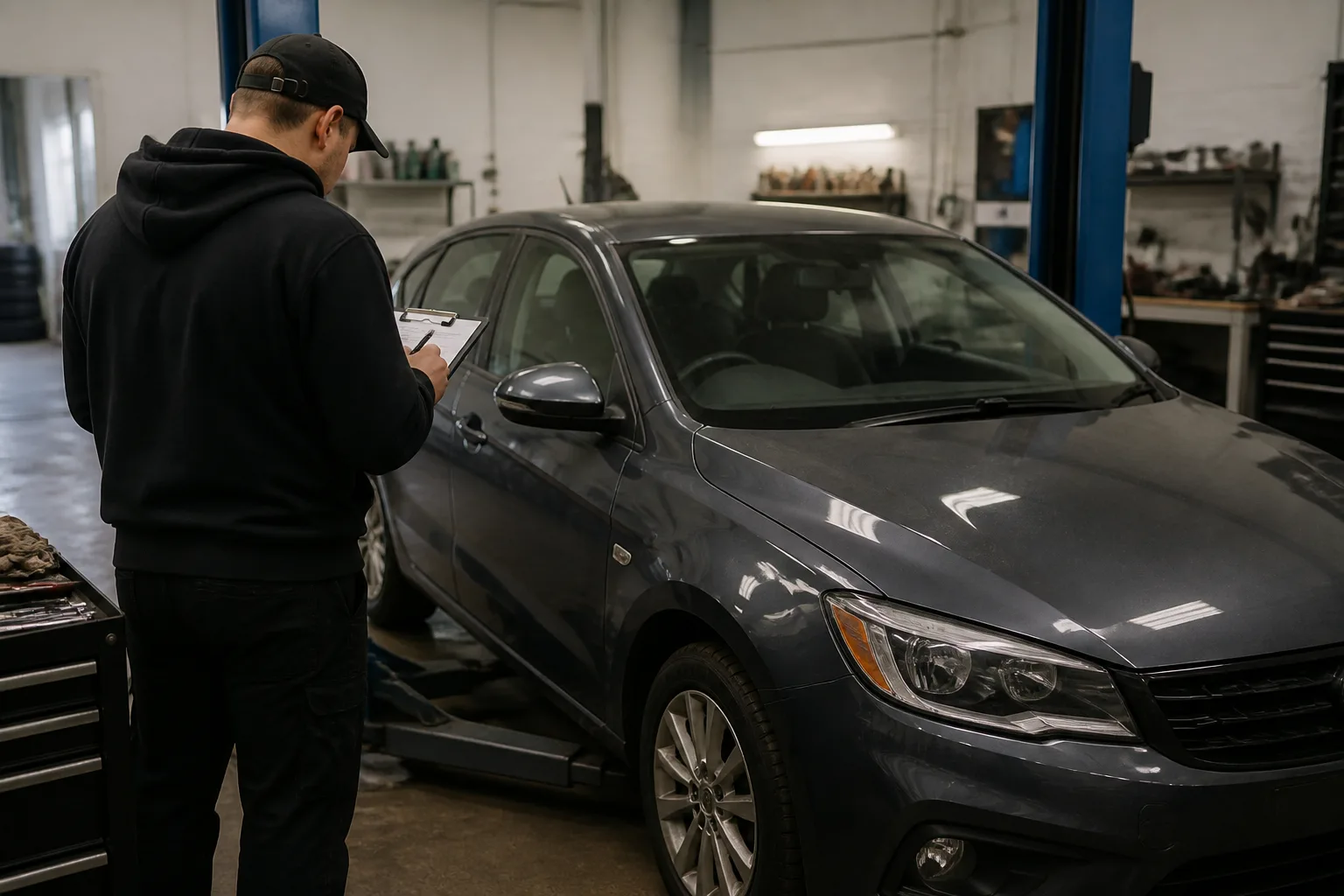 Mechanic in a UK garage discussing a strange car noise beside a hatchback