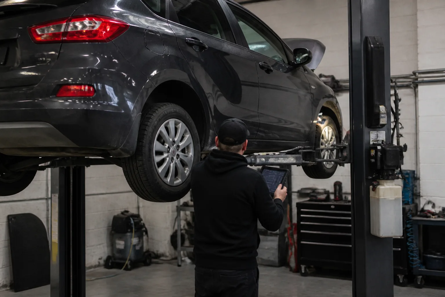 Mechanic carrying out a vehicle inspection on a hatchback in an independent UK garage