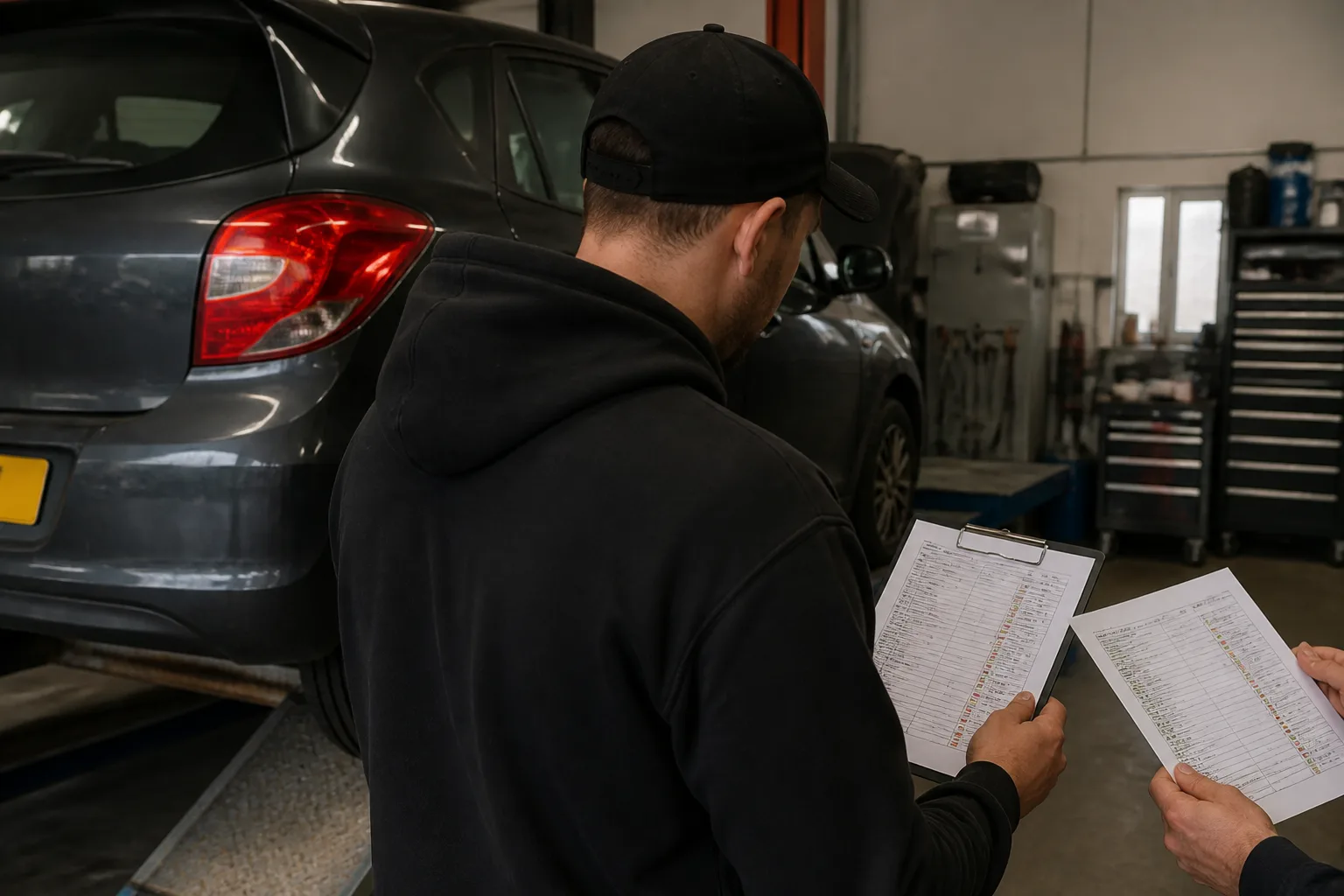 Mechanic reviewing a car repair inspection report beside a hatchback in an independent UK garage