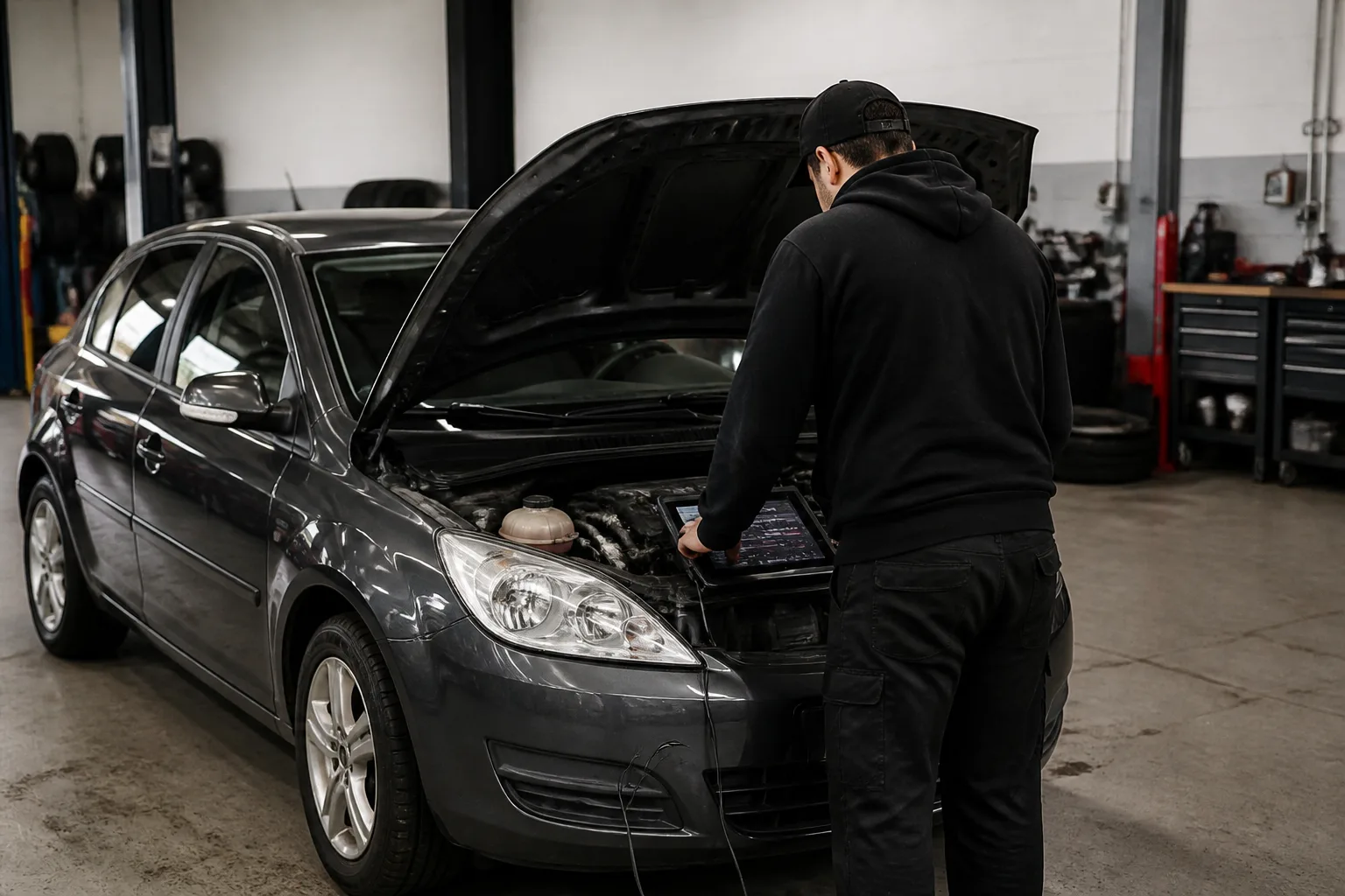 Mechanic inspecting a UK-market car in an independent garage to assess whether a repair is urgent