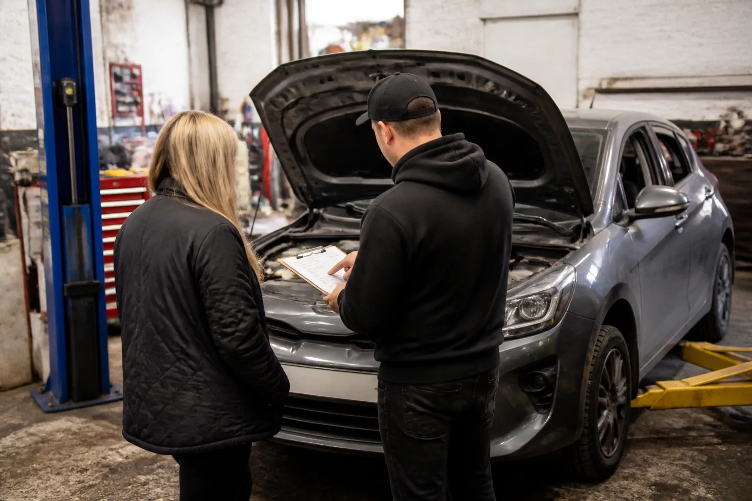 Mechanic discussing a car repair inspection with a vehicle owner in an independent UK garage