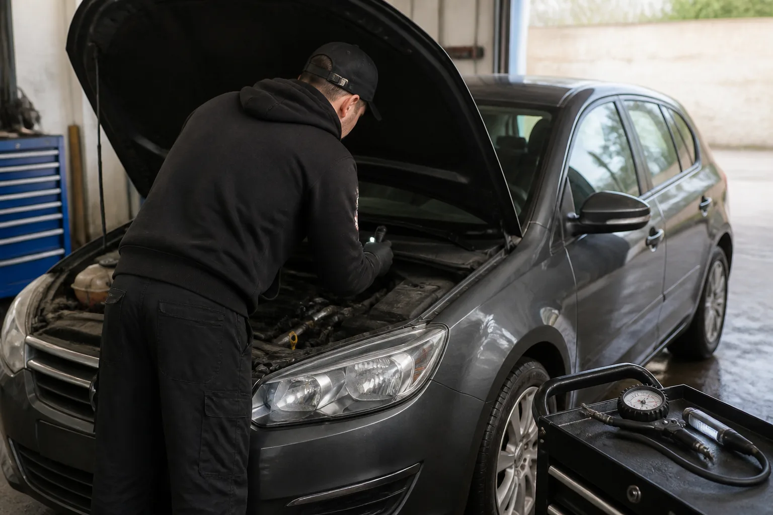 Mechanic carrying out a pre-journey check under the bonnet of a family car in an independent UK garage