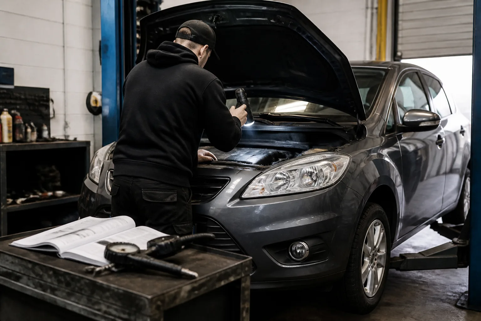 Mechanic carrying out a preventative maintenance check on a UK hatchback in an independent garage
