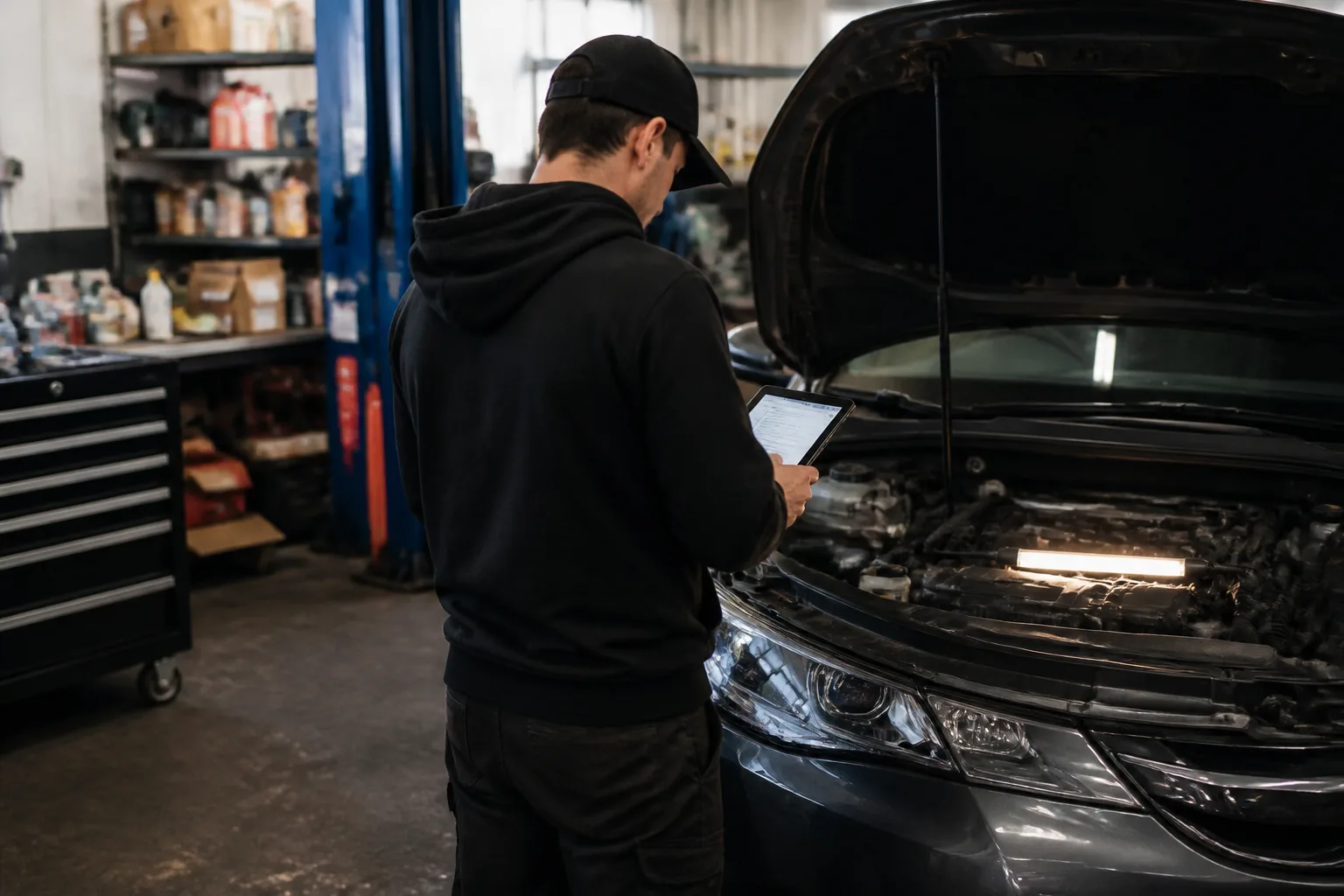 Mechanic checking service information beside a commuter car in an independent UK garage