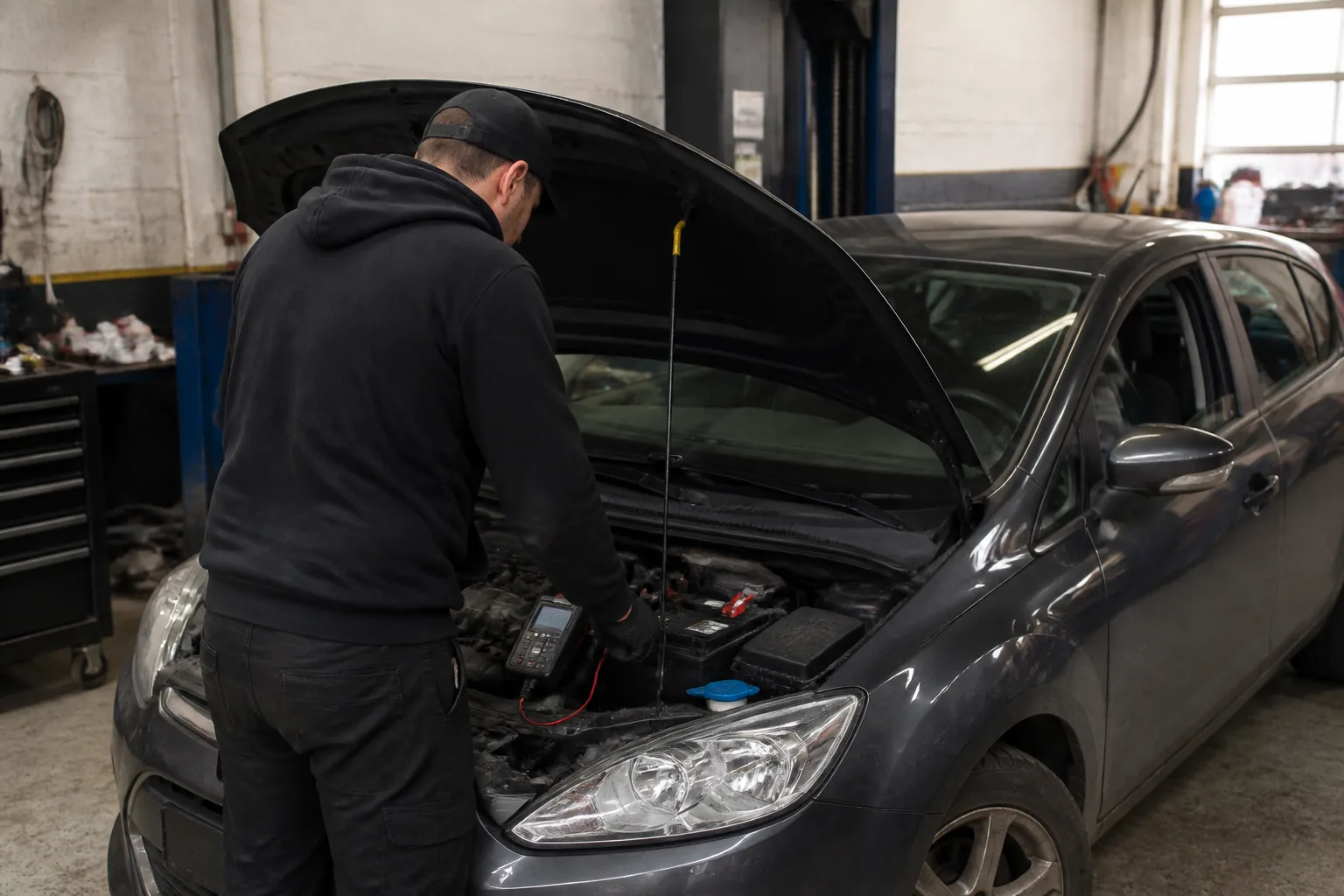 Mechanic checking the battery and engine bay of a hatchback in an independent UK garage