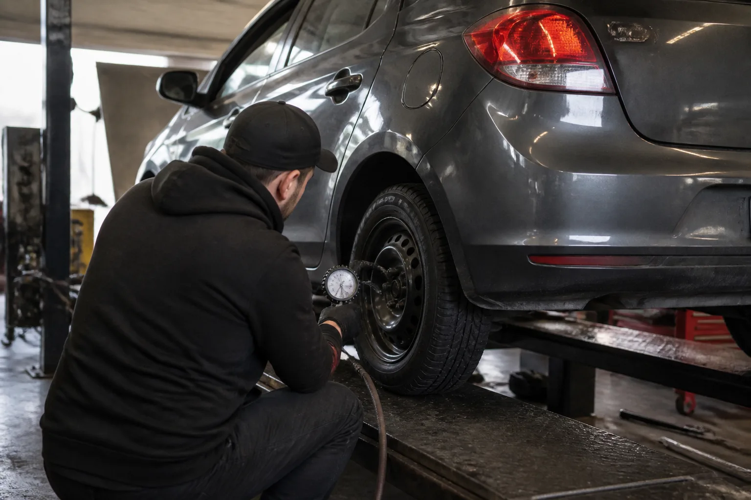 Mechanic checking a UK hatchback tyre and suspension in an independent garage