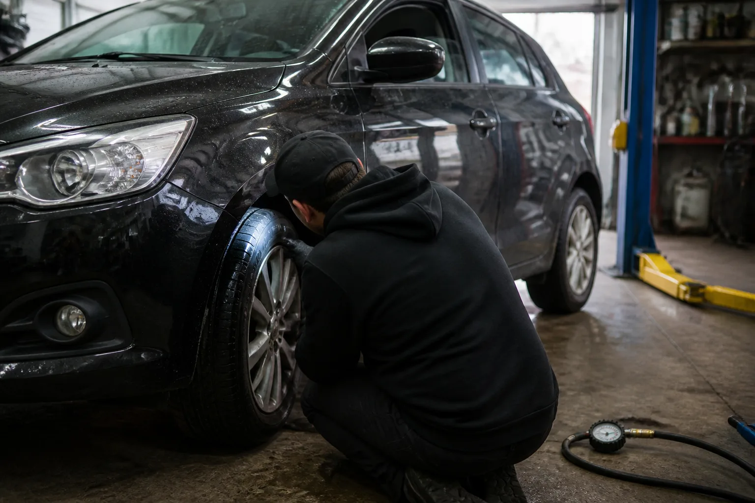 Mechanic inspecting a car tyre and wheel after possible pothole damage in a UK garage