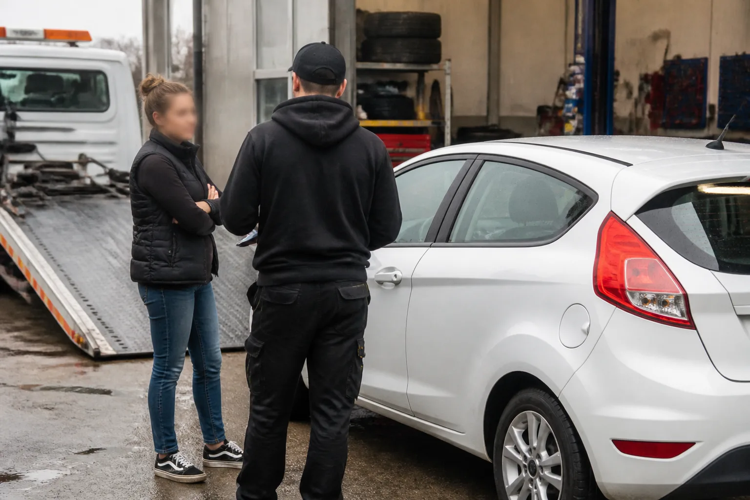 Mechanic discussing a broken-down UK car safely parked away from traffic