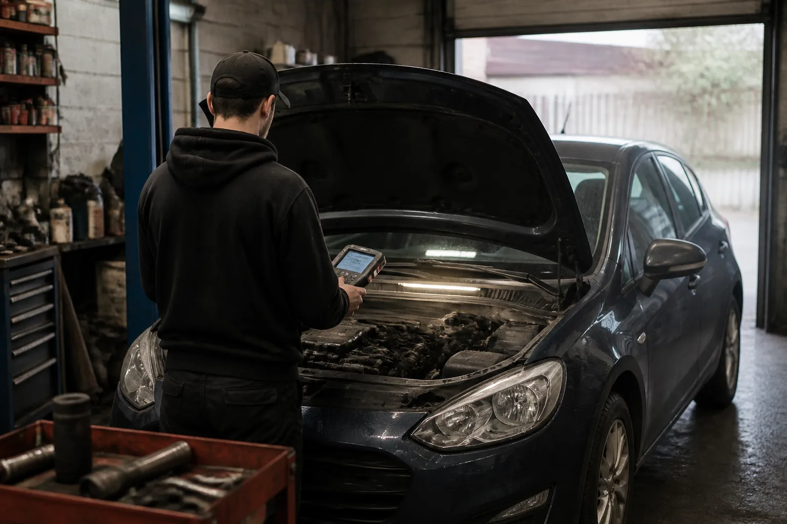 Mechanic safely inspecting a UK car in an independent garage after a possible vehicle fault