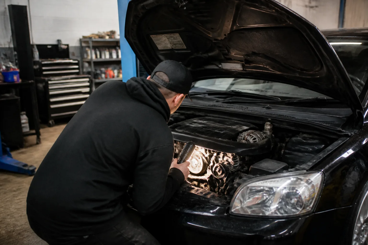 Mechanic inspecting an auxiliary belt and pulley system on a car in an independent UK garage