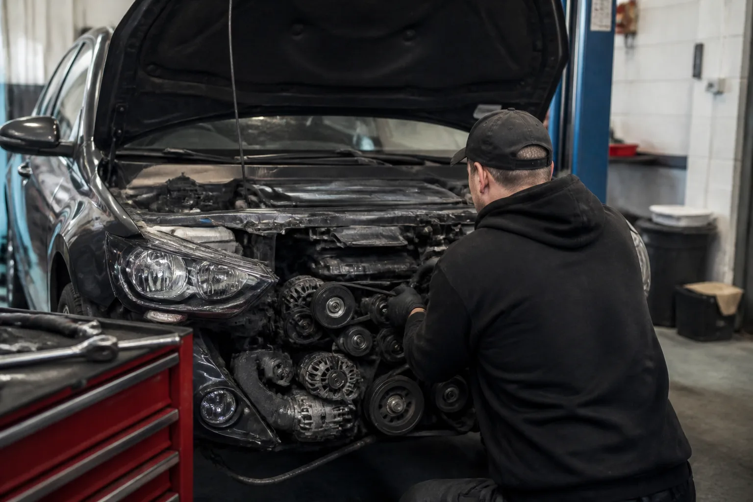 Mechanic inspecting the auxiliary belt area on a family car in an independent UK garage