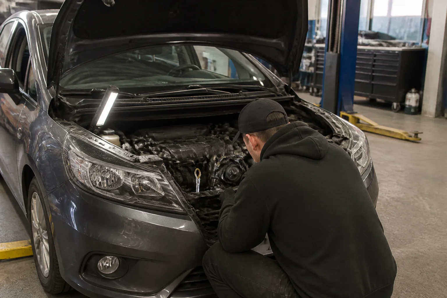 Mechanic inspecting an auxiliary belt on a family car in an independent UK garage