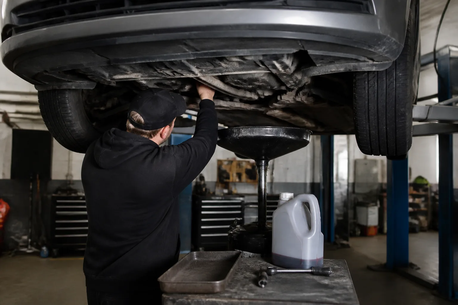 Mechanic checking the transmission area of a family car in an independent UK garage