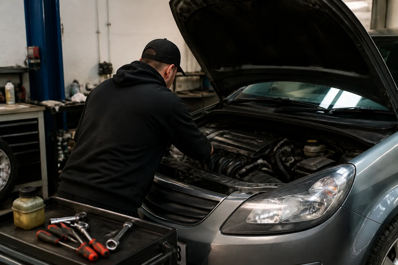 Mechanic checking a power steering fluid reservoir on a car in an independent UK garage