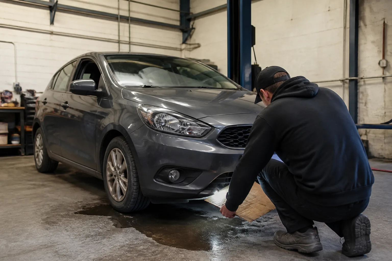 Mechanic safely inspecting a possible fluid puddle beneath a UK car in an independent garage