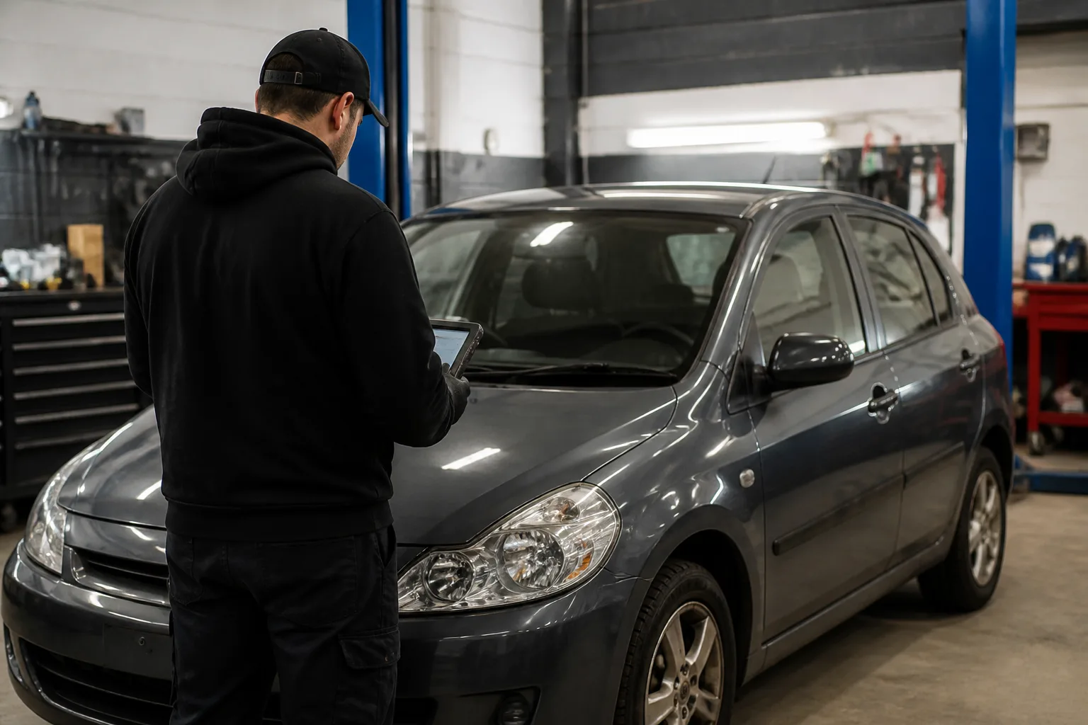 Mechanic checking a car service reminder in an independent UK garage