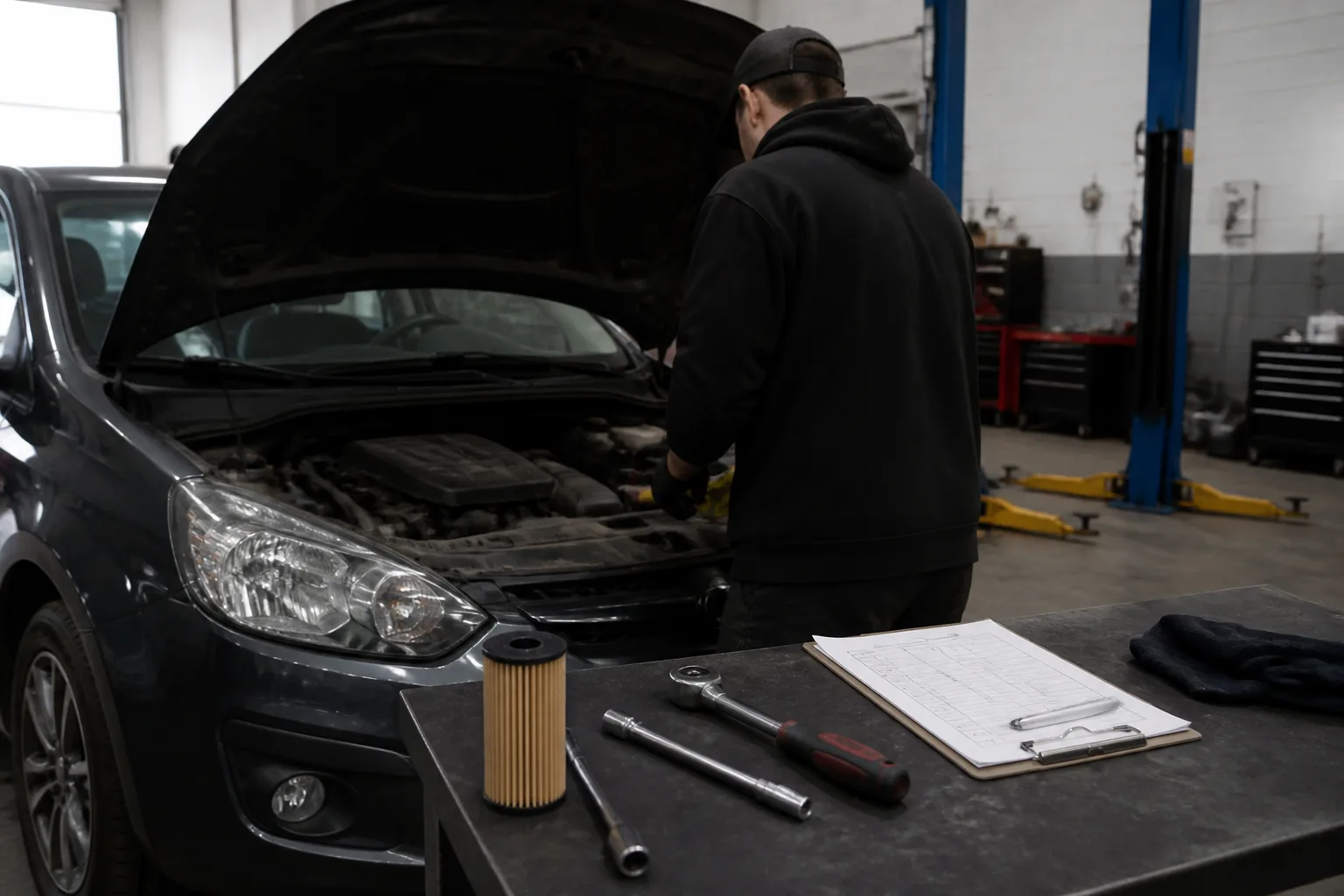 Mechanic checking a UK family car during a major service in an independent garage workshop