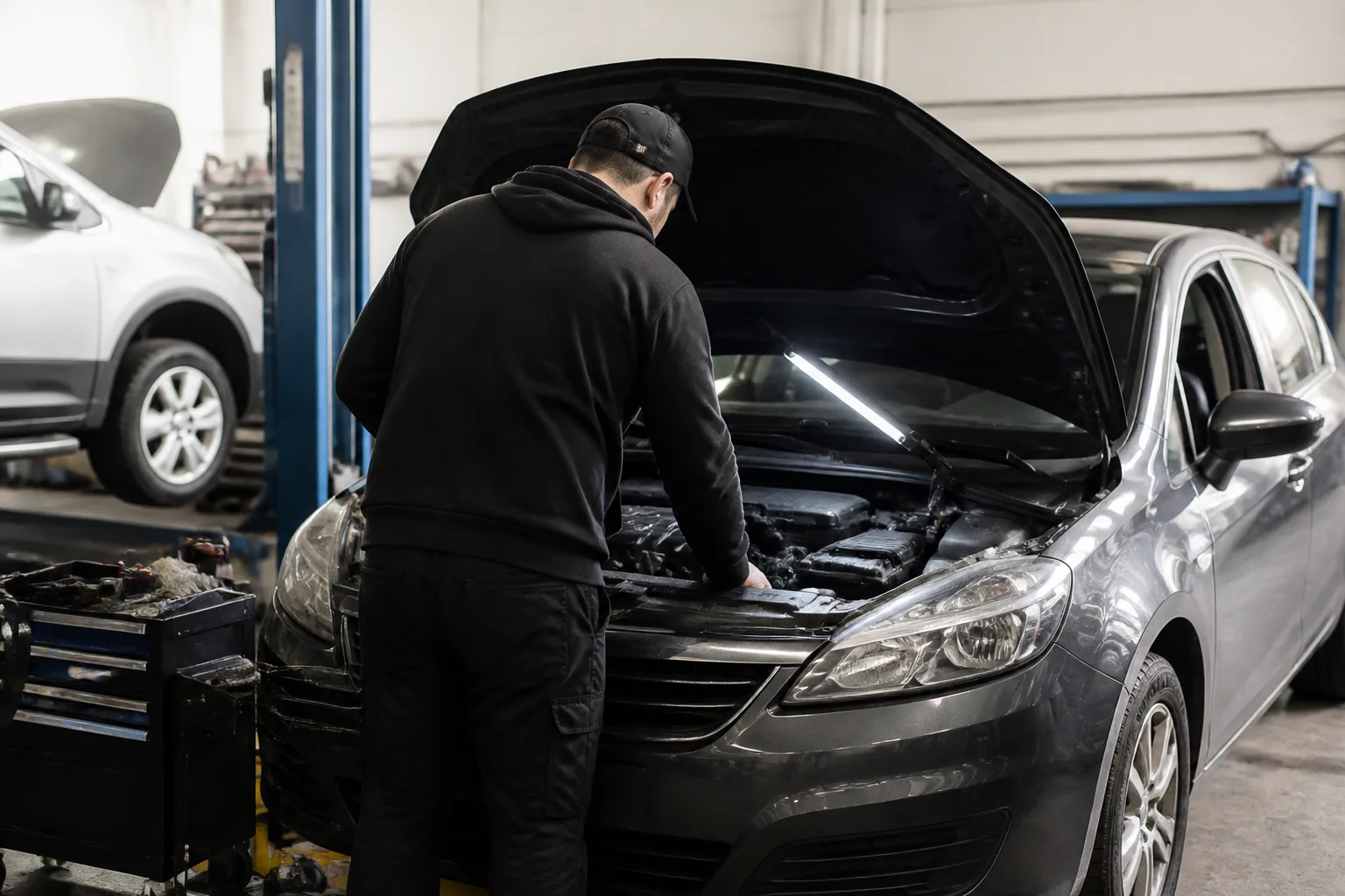 Mechanic carrying out routine checks under the bonnet of a family car in an independent UK garage