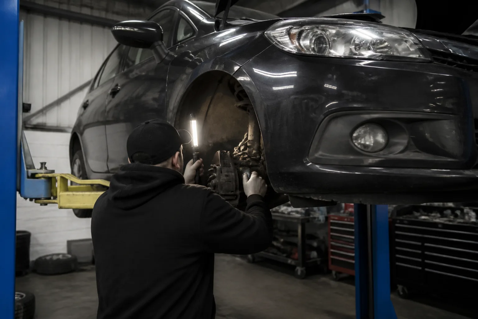 Mechanic inspecting the front suspension of a hatchback after a clunk when turning